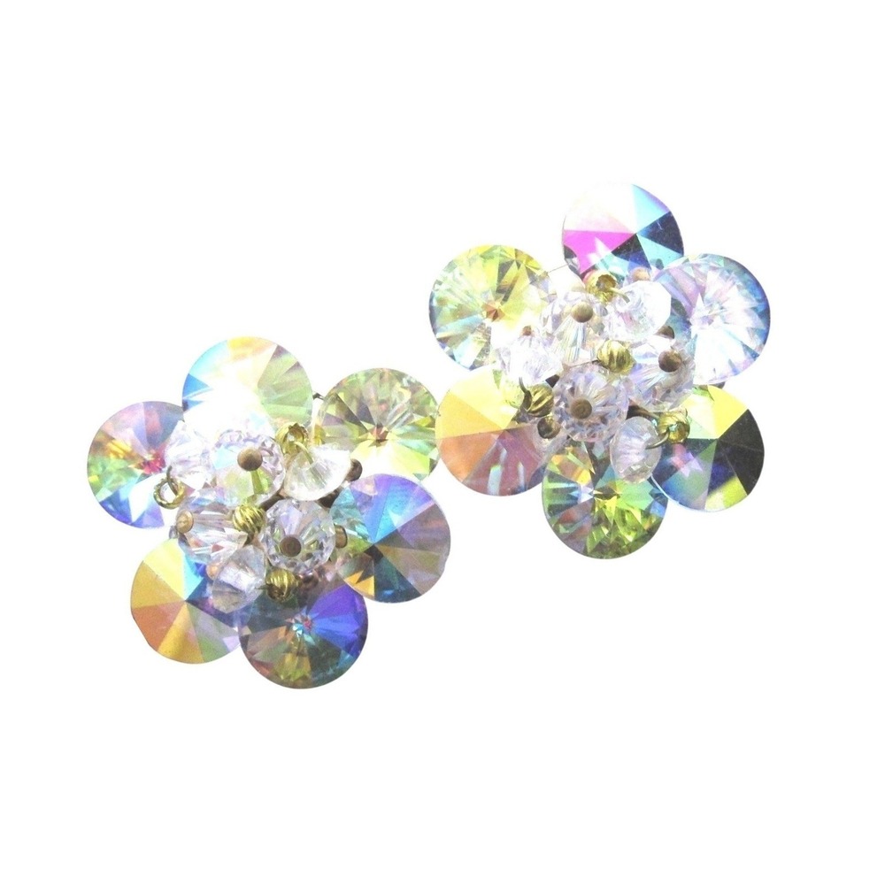 Eye Catching Beaded Cluster Aurora Borealis Crystal Flower Clip-On Earrings*E159